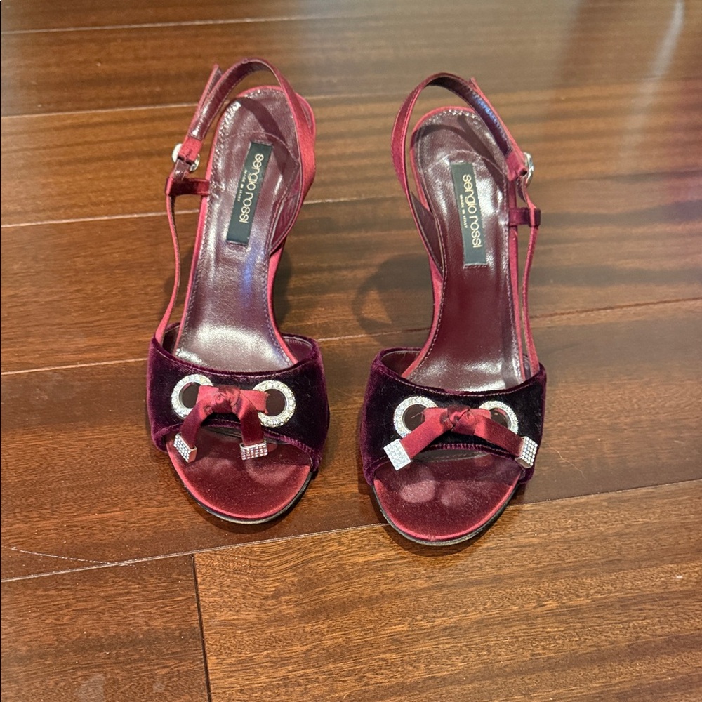 Sergio Rossi Wine Velvet Slingback Heels with Rhinestone Knot was $885